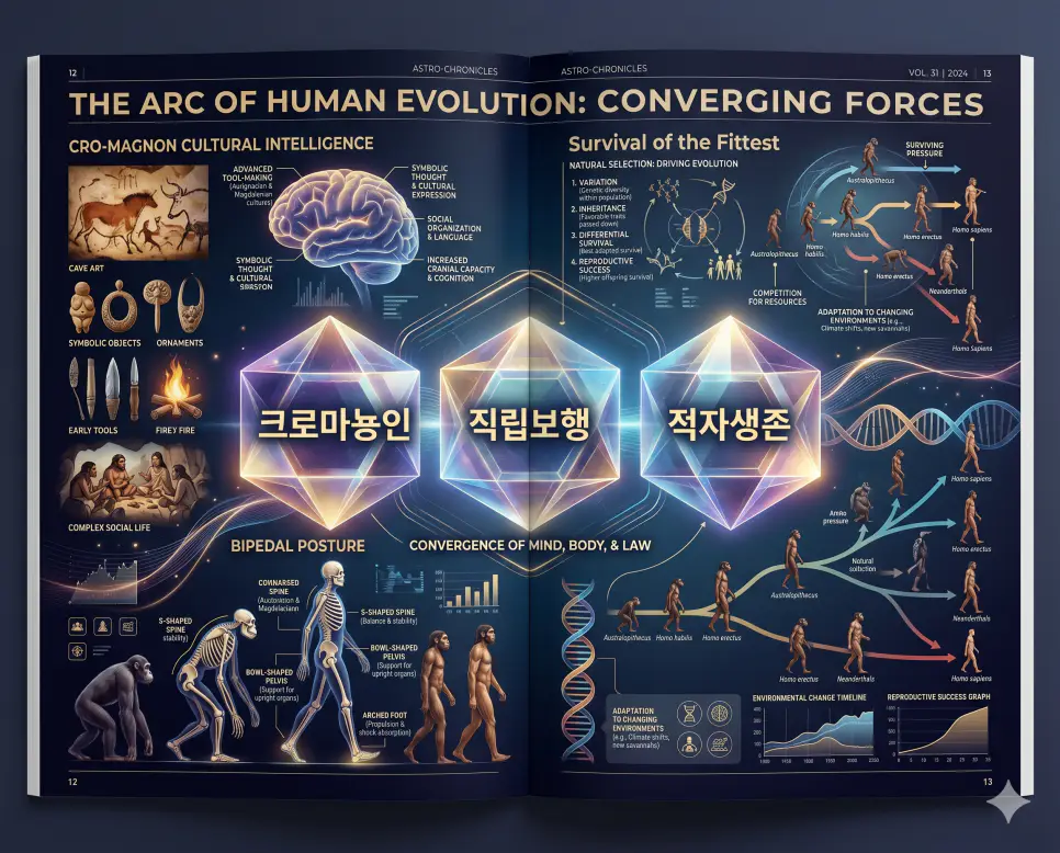 크로마뇽인 뜻, 직립보행 뜻, 적자생존 뜻: 현생 인류의 조상과 진화의 법칙 정리 4 예술적 지능을 가진 크로마뇽인과 인류의 이동 방식인 직립보행 및 진화의 법칙인 적자생존을 분석한 전문 매거진 스타일의 인포그래픽 포스터
