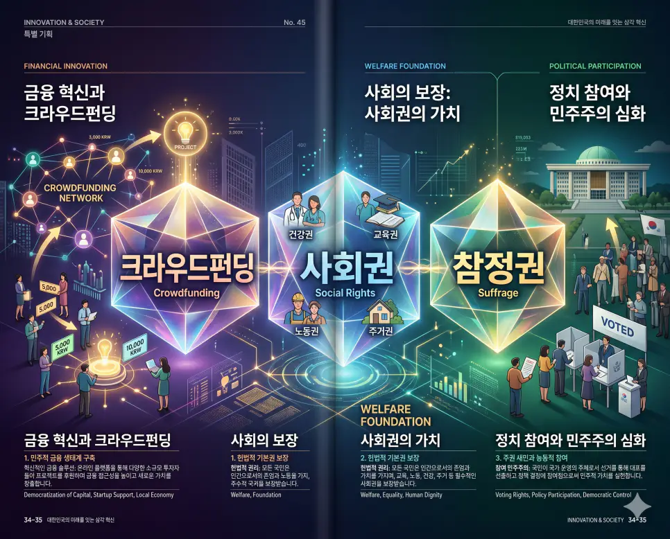 크라우드펀딩 뜻, 사회권 뜻, 참정권 뜻: 혁신과 기본권의 민주적 가치 4 금융의 민주화인 크라우드펀딩과 복지 국가의 기반인 사회권 및 정치 참여의 핵심인 참정권을 분석한 전문 매거진 스타일의 인포그래픽 포스터