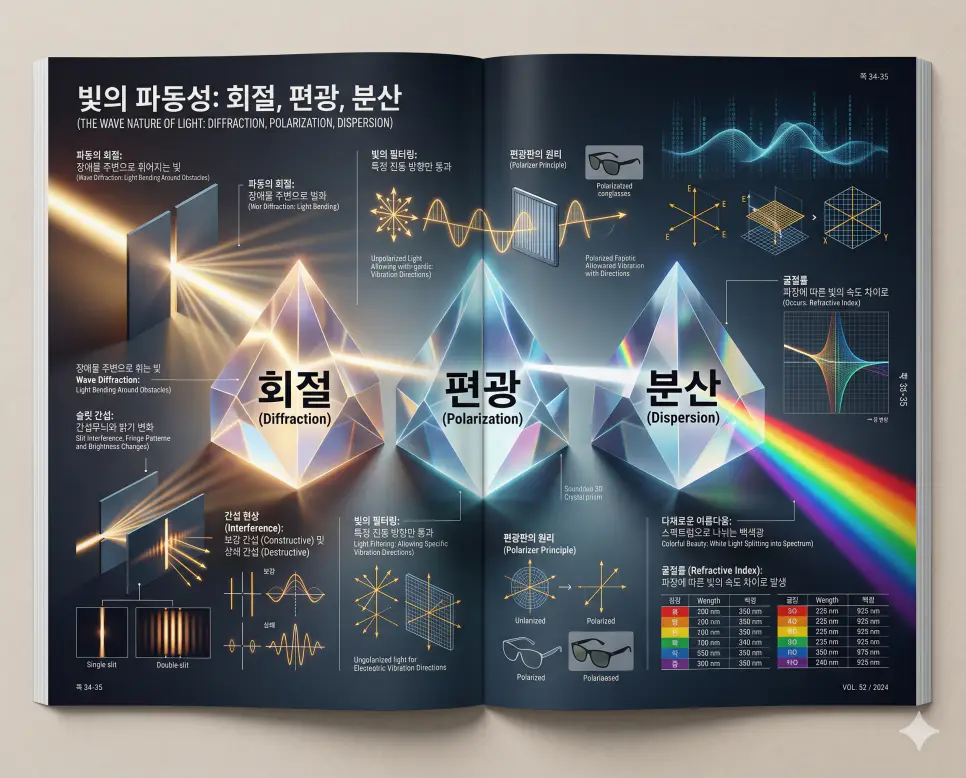 빛의 파동적 성질인 회절과 선택적 투과인 편광 및 색의 분리인 분산 현상을 분석한 전문 매거진 스타일의 인포그래픽 포스터