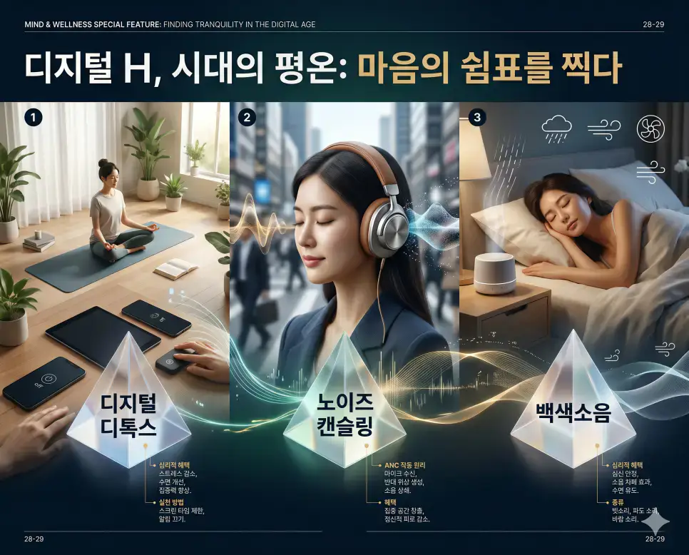 디지털 디톡스 뜻, 노이즈 캔슬링 뜻, 백색소음 뜻: 현대인의 뇌 휴식 가이드 4 지친 뇌를 위한 디지털 디톡스와 몰입의 기술인 노이즈 캔슬링 및 심리적 안정의 백색소음을 분석한 전문 매거진 스타일의 고해상도 인포그래픽 포스터