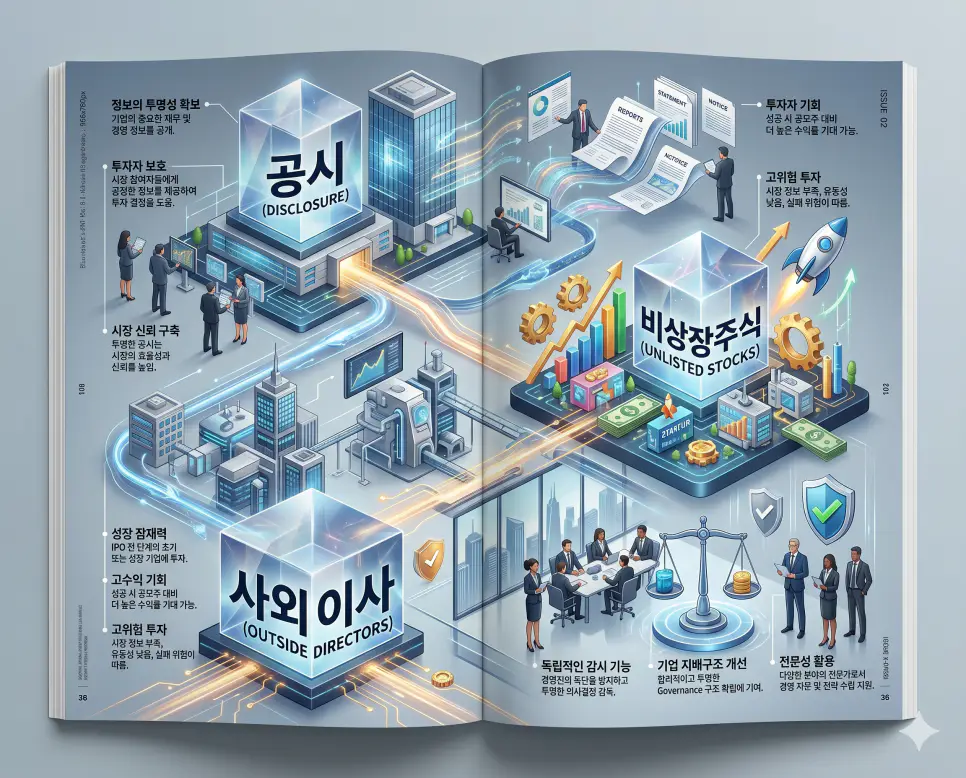 공시 뜻, 비상장주식 뜻, 사외이사 뜻: 기업 투명성과 고수익 투자의 핵심 정리 4 현대 기업 경영과 투자의 핵심인 공시, 비상장주식, 사외이사의 개념을 한눈에 파악할 수 있도록 제작된 전문 매거진 스타일의 프리미엄 인포그래픽 포스터입니다. 정보 공개 절차부터 비상장 자산 투자, 경영 감시 체계까지 정교한 데이터와 함께 3D 크리스탈 질감의 세련된 디자인으로 구성하여 가독성을 극대화한 시각 자료입니다.