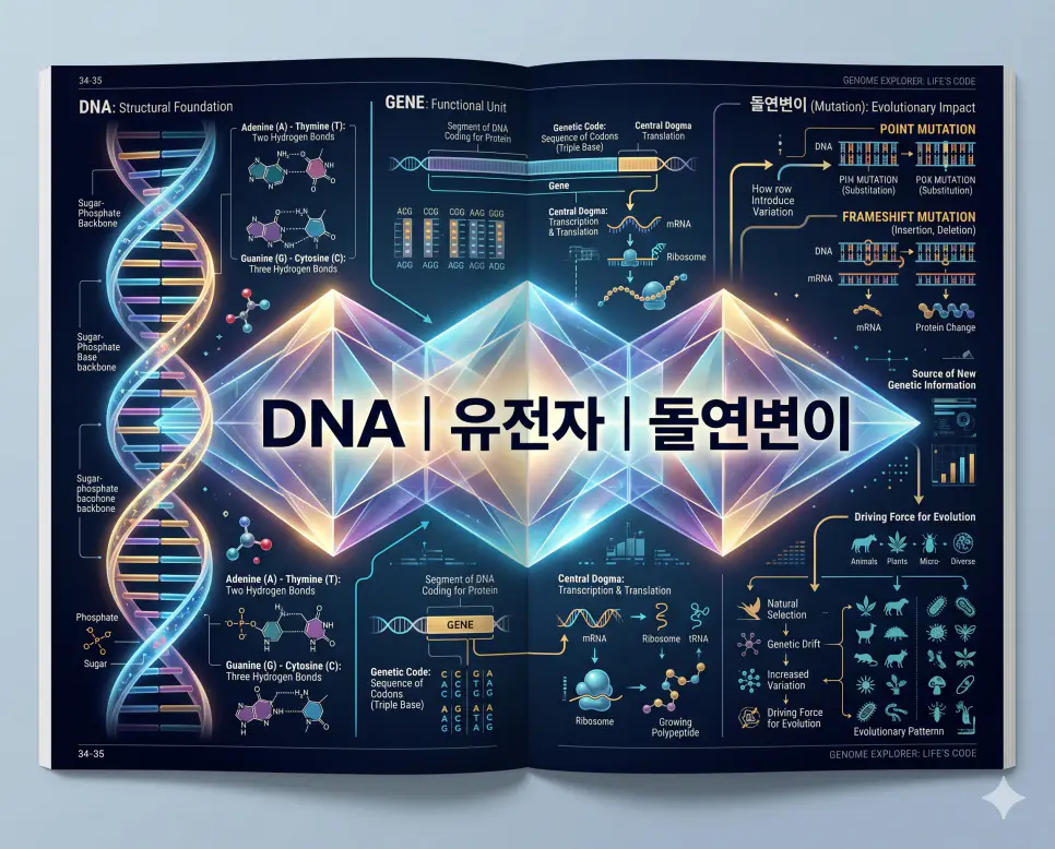 DNA 뜻, 유전자 뜻, 돌연변이 뜻: 생명의 설계도와 유전 정보의 신비 4 생명의 기본 단위인 DNA와 유전 정보의 단위인 유전자 및 진화의 원동력이 되는 돌연변이를 분석한 전문 매거진 스타일의 인포그래픽 포스터