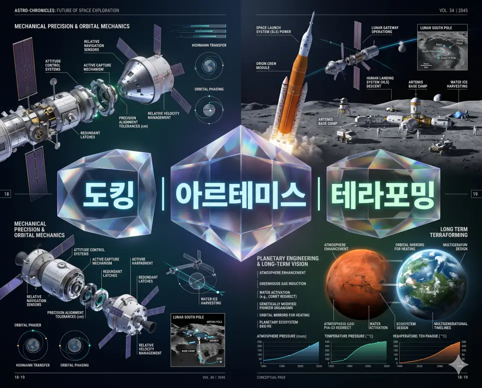 우주 기술의 정점인 도킹과 새로운 달 탐사 시대 아르테미스 및 행성 개조 가설인 테라포밍을 분석한 전문 인포그래픽 포스터