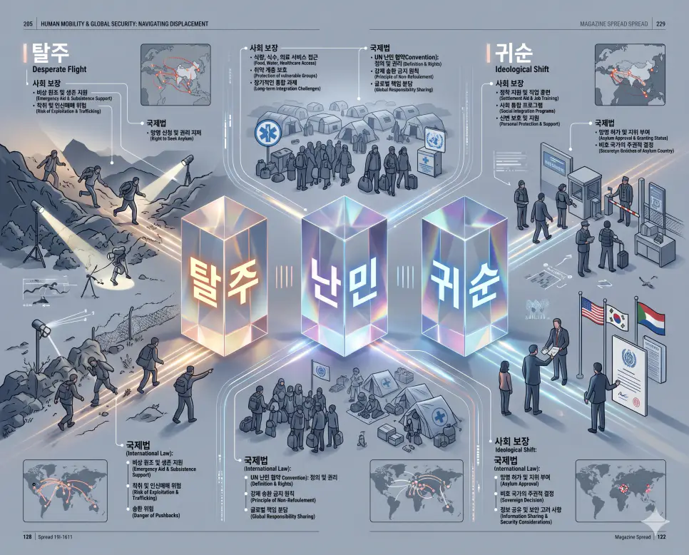 돌발적인 사건인 탈주와 인도주의적 대상인 난민 및 안보상 중요한 귀순 절차를 분석한 전문 매거진 스타일의 인포그래픽 포스터