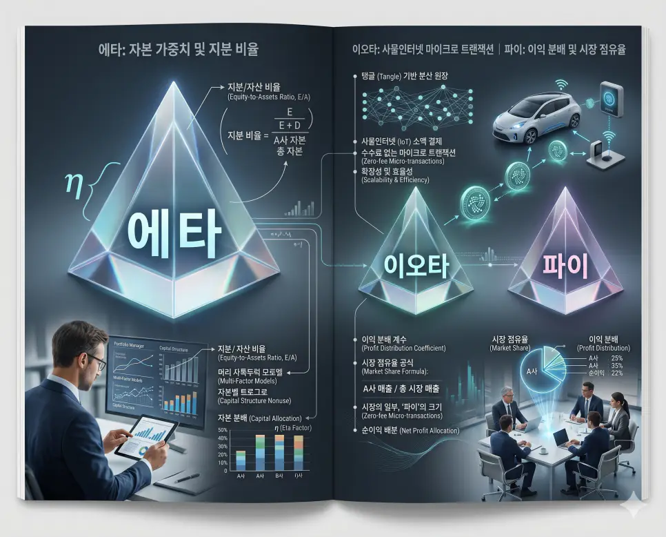 에타 뜻, 이오타 뜻, 파이 뜻: 금융 분석과 기술 혁신의 핵심 지표 4 자본 구조의 에타와 기술 혁신의 이오타 및 수익 분포의 파이 개념을 분석한 전문 매거진 스타일의 고해상도 인포그래픽 포스터
