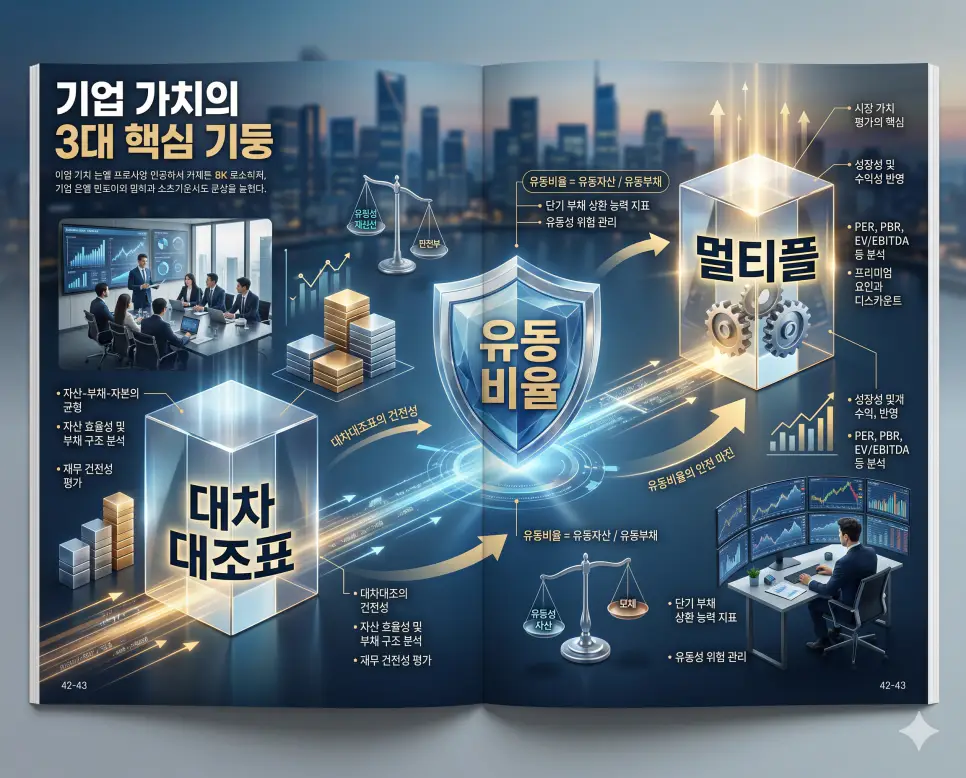 대차대조표 뜻, 유동비율 뜻, 멀티플 뜻: 재무 상태와 기업 가치 판단하기 4 재무 구조의 대차대조표와 단기 안전성의 유동비율 및 가치 배수인 멀티플 개념을 분석한 전문 매거진 스타일의 고해상도 인포그래픽 포스터