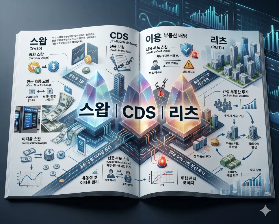스왑 뜻, CDS 뜻, 리츠 뜻: 금융 리스크 관리와 부동산 간접 투자 정리 4 자본 시장의 고도화된 전략인 스왑, CDS, 리츠의 핵심 개념을 한눈에 파악할 수 있도록 제작된 전문 매거진 스타일의 프리미엄 인포그래픽 포스터입니다. 각 금융 상품의 정의부터 리스크 관리 방법, 투자 수익 구조까지 정교한 데이터와 함께 3D 크리스탈 질감의 고급스러운 디자인으로 구성하여 정보 전달력과 가독성을 극대화한 시각 자료입니다.