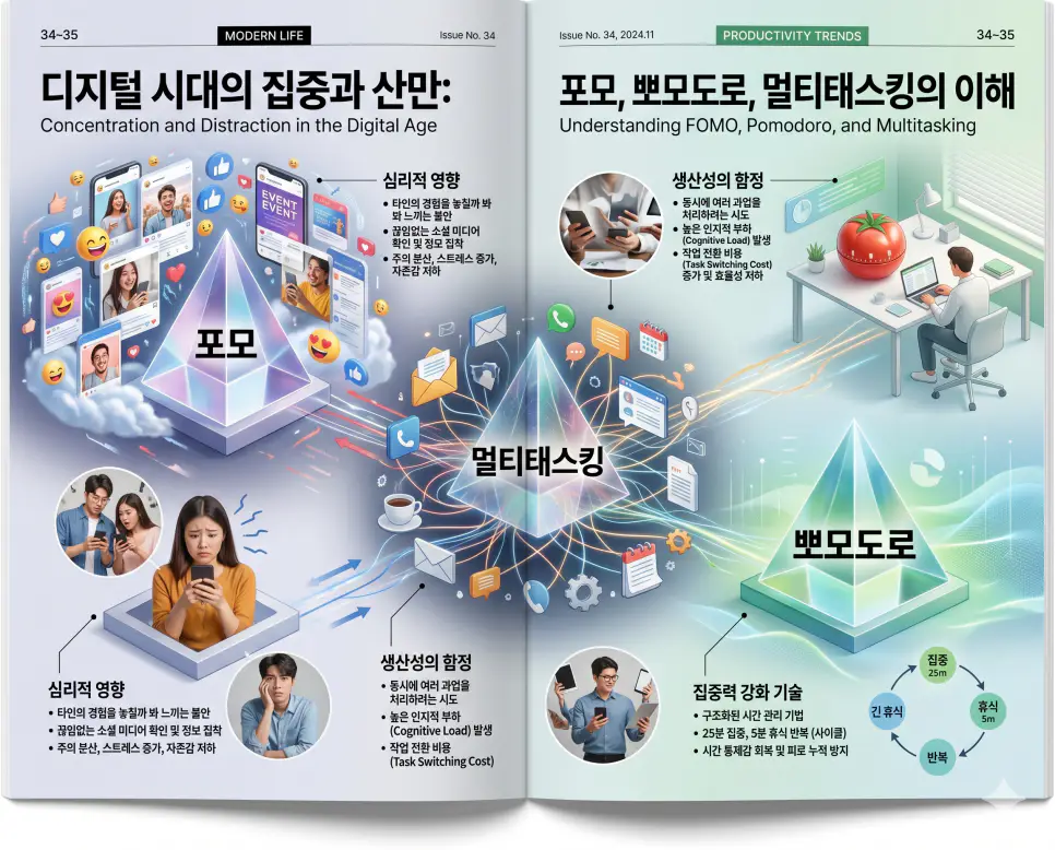 심리적 불안인 포모와 효율적 집중 전략인 뽀모도로 및 인지 자원 분산인 멀티태스킹을 분석한 전문 매거진 스타일의 고해상도 인포그래픽 포스터