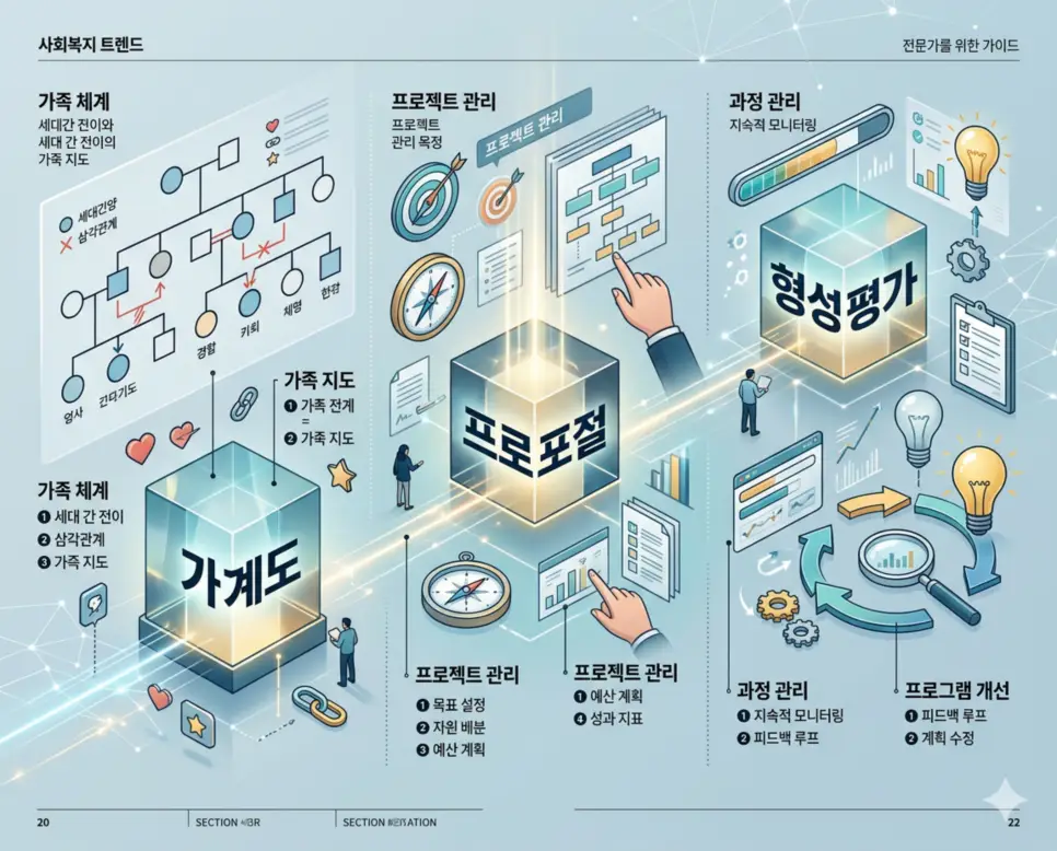 가계도 뜻, 프로포절 뜻, 형성평가 뜻: 사회복지 실천의 체계적 진단과 설계 4 가족 체계 진단인 가계도와 사업 설계의 핵심인 프로포절 및 질적 개선을 위한 형성평가를 분석한 전문 매거진 스타일의 인포그래픽 포스터