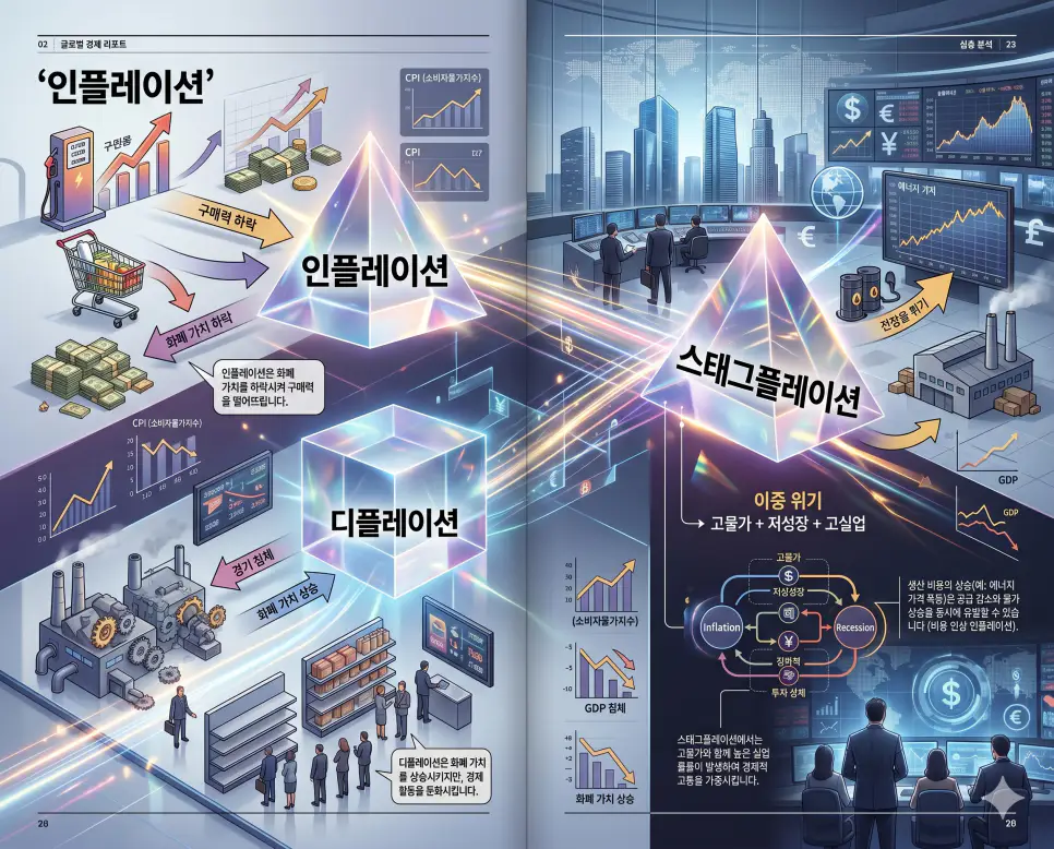 물가 상승의 인플레이션과 하락의 디플레이션 및 복합 위기인 스태그플레이션 개념을 분석한 전문 매거진 스타일의 고해상도 인포그래픽 포스터