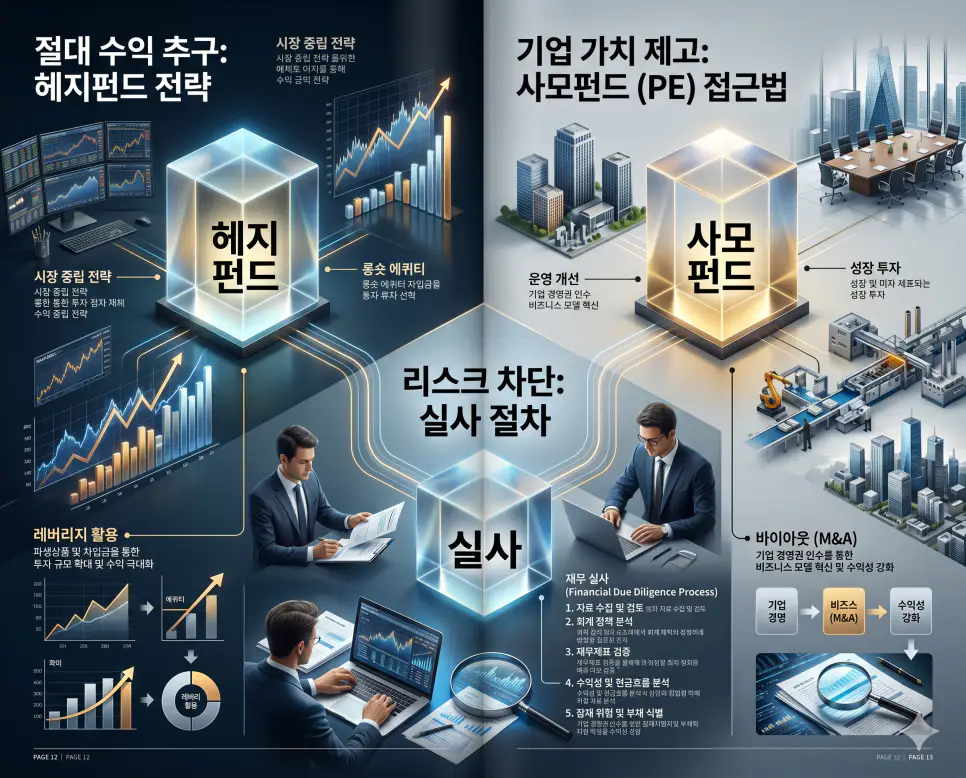 헤지펀드 뜻, 사모펀드 뜻, 실사 뜻: 전문가 투자의 핵심 전략 정리 4 절대 수익의 헤지펀드와 기업 가치 제고의 사모펀드 및 리스크 검증의 실사 개념을 분석한 전문 매거진 스타일의 고해상도 인포그래픽 포스터