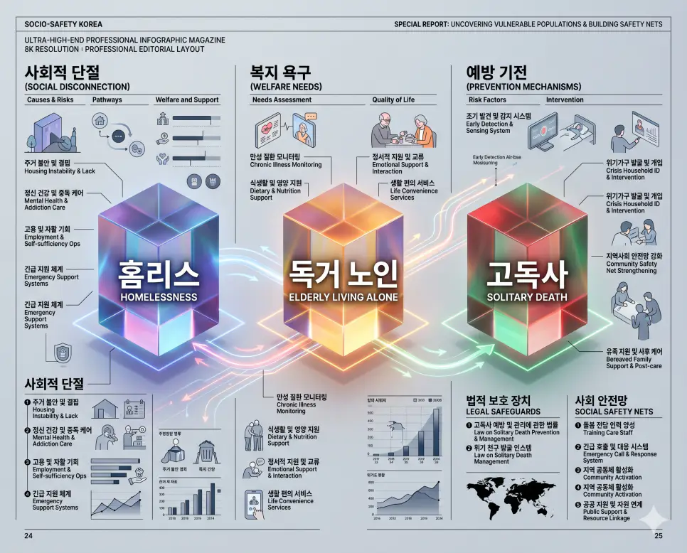 홈리스 뜻, 독거 노인 뜻, 고독사 뜻: 사회적 고립과 단절의 예방 4 사회적 관계가 단절된 홈리스와 복지 지원이 절실한 독거 노인 및 존엄성을 지키기 위한 고독사 예방책을 분석한 전문 매거진 스타일의 인포그래픽 포스터