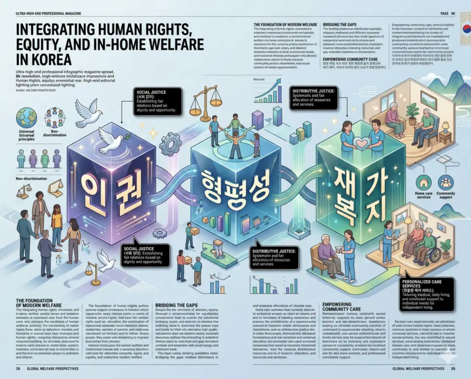 인권 뜻, 형평성 뜻, 재가 복지 뜻: 존엄한 삶을 위한 공정한 배려 4 보편적 권리인 인권과 공정한 배분의 원리인 형평성 및 지역 사회 돌봄의 핵심인 재가 복지를 분석한 전문 매거진 스타일의 인포그래픽 포스터