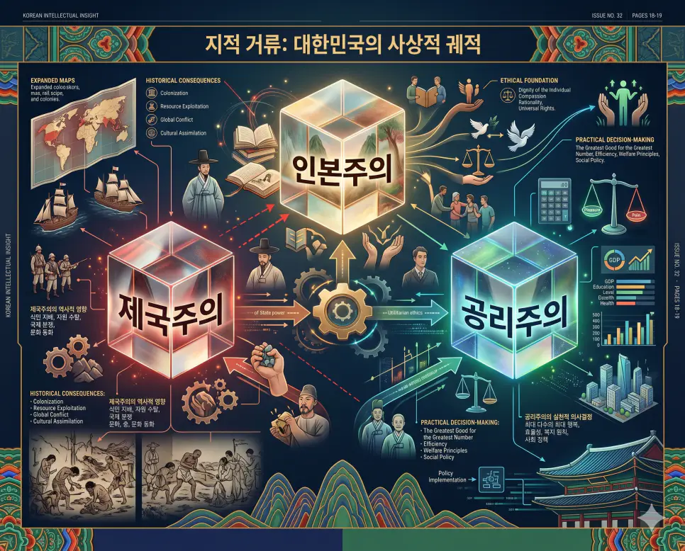 지배의 역사인 제국주의와 인간 존엄의 사상인 인본주의 및 효용 중심의 공리주의를 분석한 전문 매거진 스타일의 인포그래픽 포스터