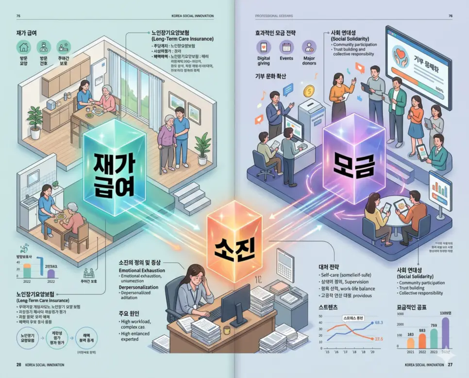 재가 급여 뜻, 소진 뜻, 모금 뜻: 따뜻한 돌봄과 지속 가능한 나눔 4 수요자 중심의 재가 급여와 전문가의 소진 예방 및 공동체 연대를 위한 모금을 분석한 전문 매거진 스타일의 인포그래픽 포스터