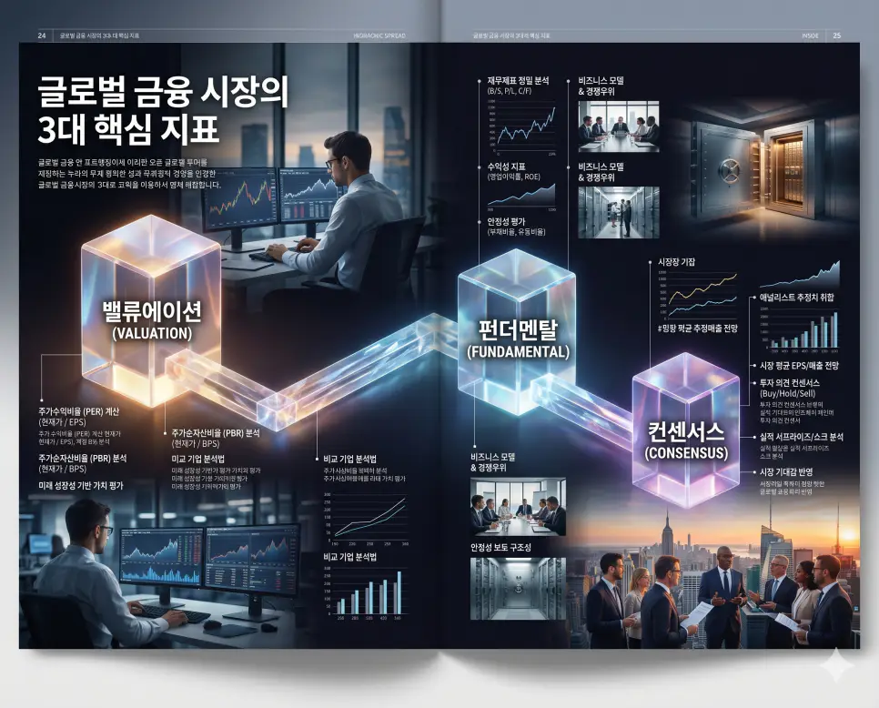 밸류에이션 뜻, 펀더멘탈 뜻, 컨센서스 뜻: 성공 투자를 위한 핵심 지표 4 기업 가치 평가인 밸류에이션과 기초 체력인 펀더멘탈 및 시장 전망인 컨센서스 개념을 분석한 전문 매거진 스타일의 고해상도 인포그래픽 포스터