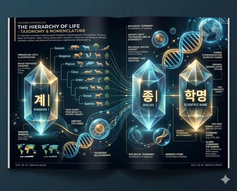 생물의 거대 분류인 계와 기본 단위인 종 및 국제 표준 명칭인 학명을 분석한 전문 매거진 스타일의 인포그래픽 포스터