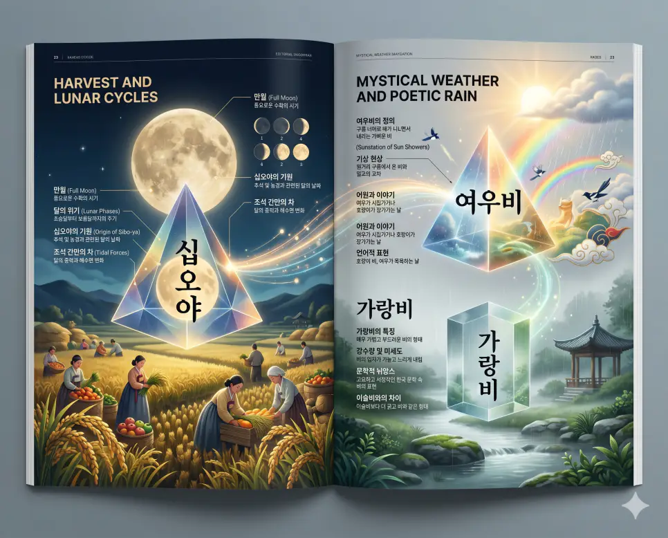 십오야 뜻, 여우비 뜻, 가랑비 뜻: 한국의 정서와 자연을 담은 예쁜 우리말 정리 4 한국의 자연과 정서를 담은 아름다운 우리말인 십오야, 여우비, 가랑비의 개념을 한눈에 파악할 수 있도록 제작된 전문 매거진 스타일의 프리미엄 인포그래픽 포스터입니다. 전통 명절의 의미부터 기상 현상의 원리까지 정교한 데이터와 함께 3D 크리스탈 질감의 세련된 디자인으로 구성하여 가독성을 극대화한 시각 자료입니다.