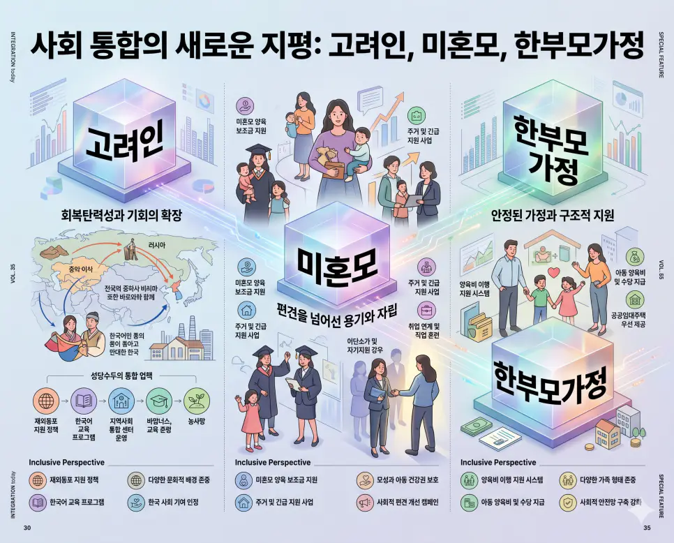 고려인 뜻, 미혼모 뜻, 한부모 가정 뜻: 우리 사회의 소외된 이웃을 포용하다 4 중앙아시아의 강인한 우리 동포인 고려인과 홀로 생명을 지킨 미혼모 및 다양한 가족 형태 중 하나로서 존중받는 한부모가정을 분석한 전문 매거진 스타일의 인포그래픽 포스터