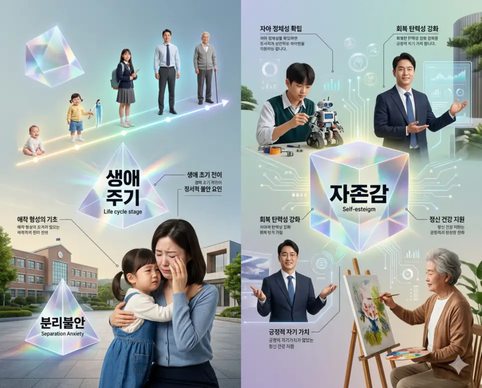 생애 주기 뜻, 분리불안 뜻, 자존감 뜻: 삶의 궤적과 심리적 성장 4 삶의 전체 궤적인 생애 주기와 발달 과정 중의 도전인 분리불안 및 회복탄력성의 근간인 자존감을 분석한 전문 매거진 스타일의 인포그래픽 포스터