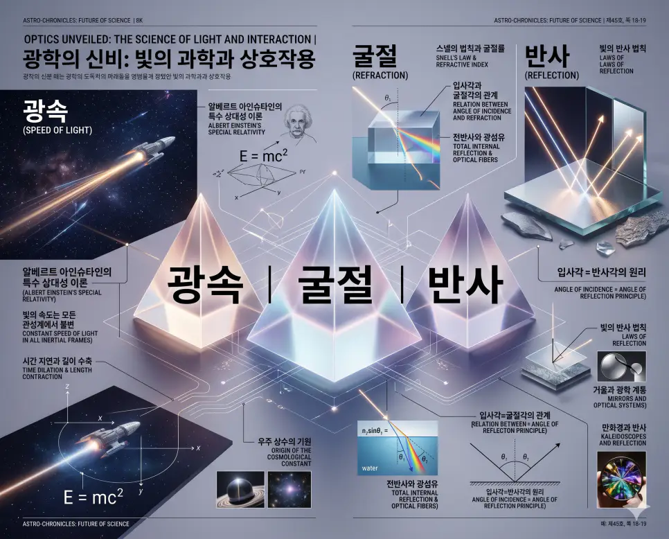 광속 뜻, 굴절 뜻, 반사 뜻: 빛의 속도 한계와 광학의 기본 원리 완벽 정리 4 빛의 근본적인 속도인 광속과 실생활에서 관찰되는 굴절 및 반사 현상의 원리를 분석한 전문 매거진 스타일의 인포그래픽 포스터