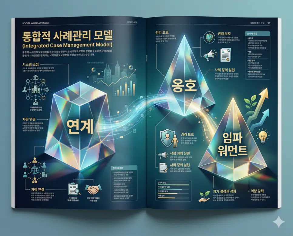 연계 뜻, 옹호 뜻, 임파워먼트 뜻: 사회복지 실천의 연대와 역량 강화 4 자원 활용의 핵심인 연계와 권리 보호를 위한 옹호 및 자립의 근간인 임파워먼트의 개념을 분석한 전문 매거진 스타일의 인포그래픽 포스터
