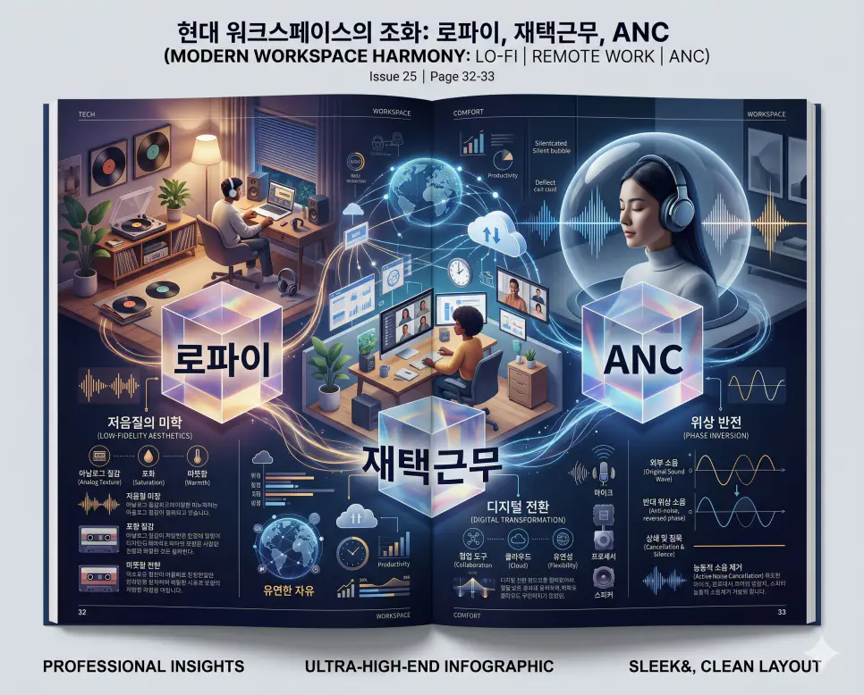 로파이 뜻, 재택근무 뜻, 액티브 노이즈 캔슬링 뜻: 몰입과 휴식을 위한 완벽한 가이드 4 감성적 휴식인 로파이와 유연한 노동인 재택근무 및 기술적 정적인 ANC를 분석한 전문 매거진 스타일의 고해상도 인포그래픽 포스터