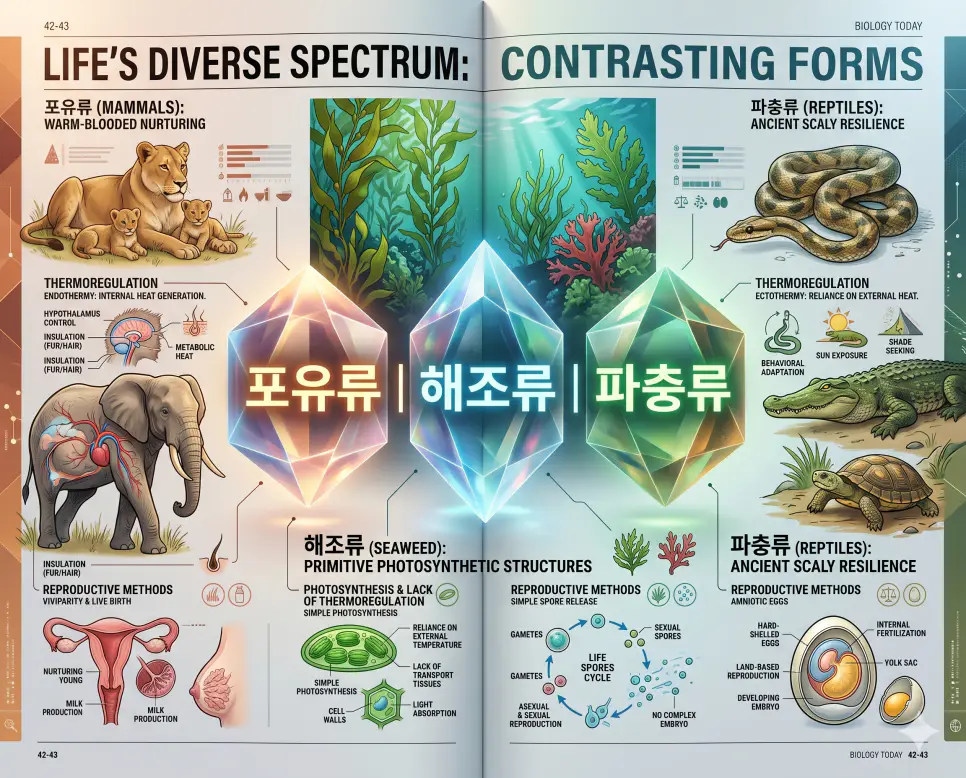 포유류 뜻, 해조류 뜻, 파충류 뜻: 생태계를 구성하는 주요 생물군 완벽 정리 4 포유류의 양육 특성과 해조류의 기초 생산 역할 및 파충류의 생리적 특징을 비교 분석한 전문 매거진 스타일의 인포그래픽 포스터