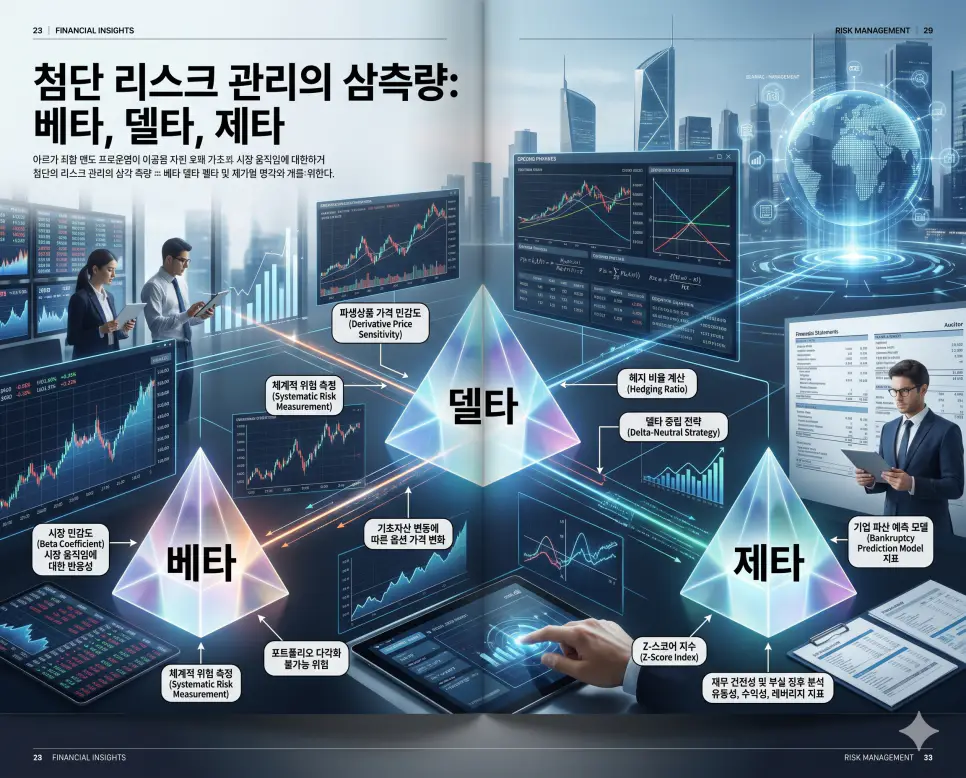 시장 민감도의 베타와 파생상품 위험도의 델타 및 기업 건전성의 제타 개념을 분석한 전문 매거진 스타일의 고해상도 인포그래픽 포스터