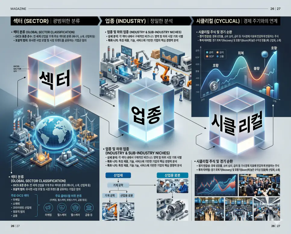 섹터 뜻, 업종 뜻, 시클리컬 뜻: 주식 시장 산업 분류 완벽 정리 4 거시적 분류의 섹터와 미시적 분류의 업종 및 경기 민감형 산업인 시클리컬 개념을 분석한 전문 매거진 스타일의 고해상도 인포그래픽 포스터