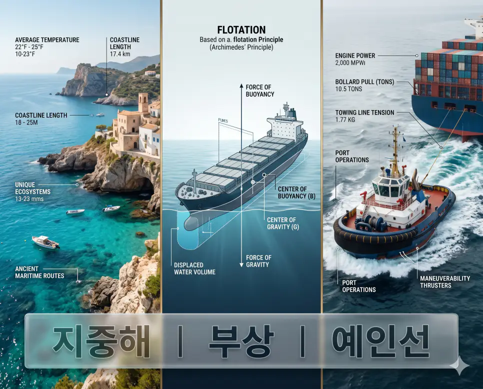 지중해 뜻, 부상 뜻, 예인선 뜻: 인류 문명의 통로와 선박 항해의 핵심 원리 분석 4 지리적 요충지인 지중해와 항해의 원리인 부상, 예인선의 역할을 전문 잡지 스타일로 구성한 프리미엄 인포그래픽 포스터