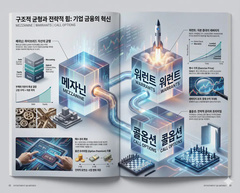 메자닌 뜻, 워런트 뜻, 콜옵션 뜻: 주식과 채권 사이 하이브리드 투자 정리 4 중간 단계의 메자닌과 인수 권리의 워런트 및 매수 권리의 콜옵션 개념을 분석한 전문 매거진 스타일의 고해상도 인포그래픽 포스터