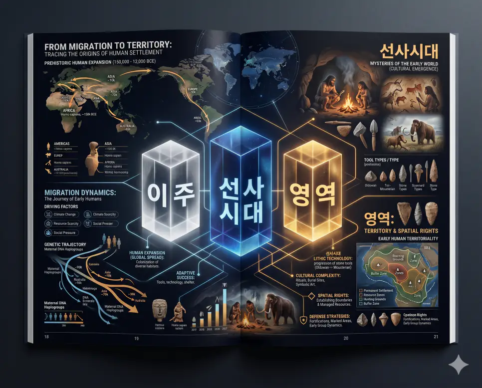 인류의 확산인 이주와 역사의 초기 단계인 선사시대 및 권리의 범위인 영역을 분석한 전문 매거진 스타일의 인포그래픽 포스터