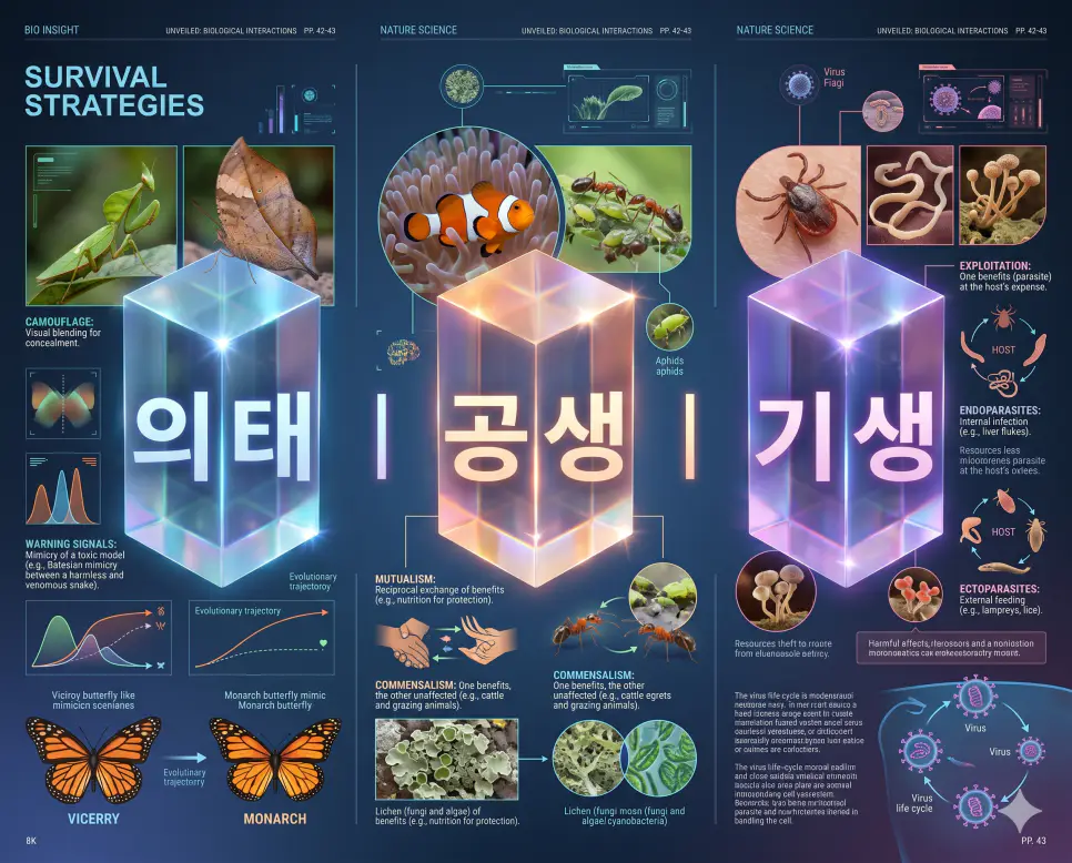 생존의 지혜인 의태와 자연의 협력 원리인 공생 및 생태계의 균형을 유지하는 기생을 분석한 전문 매거진 스타일의 인포그래픽 포스터