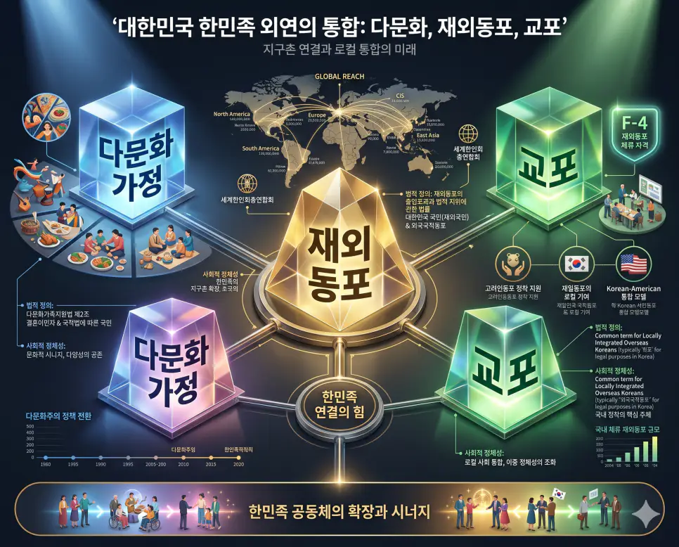다문화가정 뜻, 재외동포 뜻, 교포 뜻: 한민족의 확장과 문화적 공존 4 문화적 가치가 공존하는 다문화가정과 한민족 혈통을 아우르는 재외동포 및 거주지 중심의 교포 정착 생활을 분석한 전문 매거진 스타일의 인포그래픽 포스터