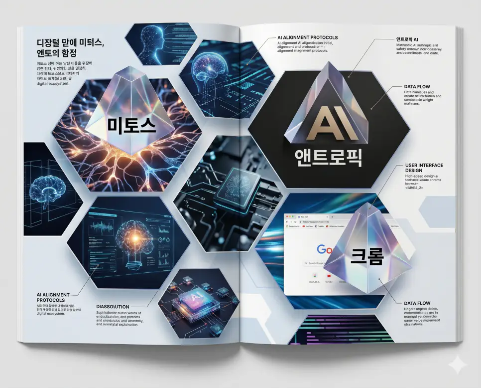미토스 뜻, 앤트로픽 뜻, 크롬 뜻: AI 서사와 차세대 언어 모델 및 웹 플랫폼 분석 4 인공지능 서사인 미토스, 혁신 기업 앤트로픽, 플랫폼 크롬의 역할을 전문 잡지 스타일로 분석한 프리미엄 인포그래픽 전략 포스터