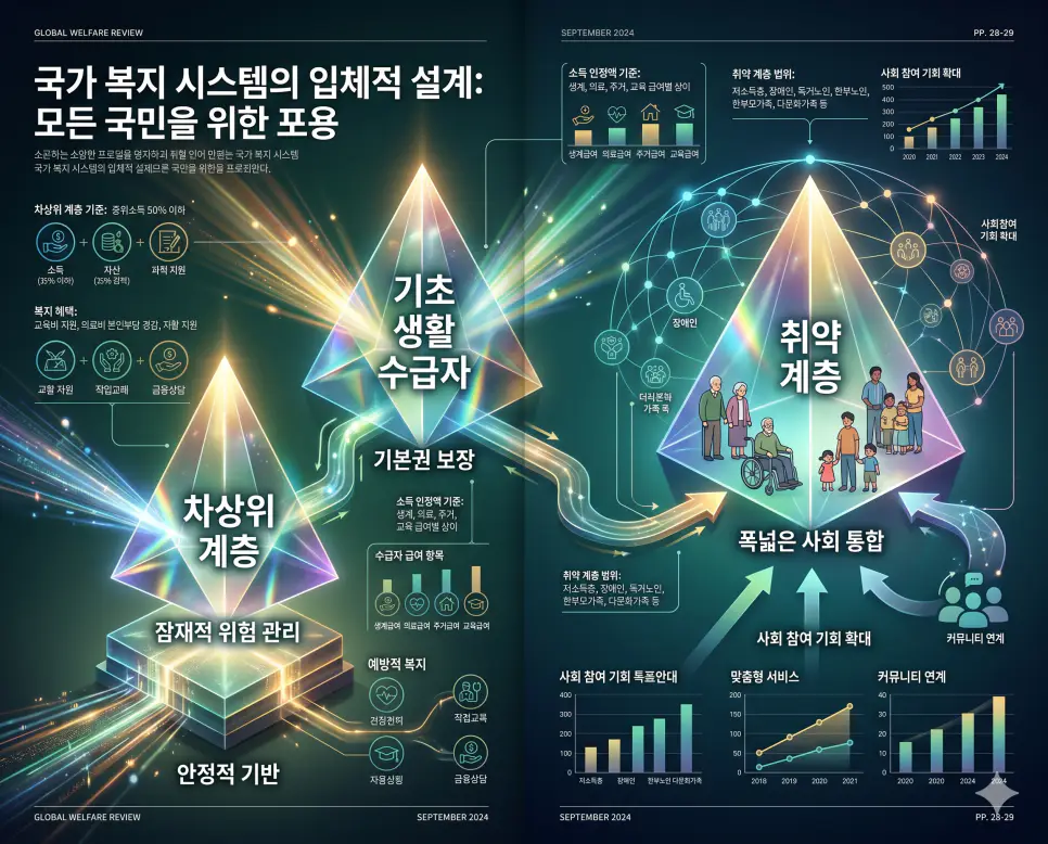 잠재적 빈곤층인 차상위 계층과 기본 생활의 핵심인 기초 생활 수급자 및 폭넓은 배려 대상인 취약 계층을 분석한 전문 매거진 스타일의 인포그래픽 포스터