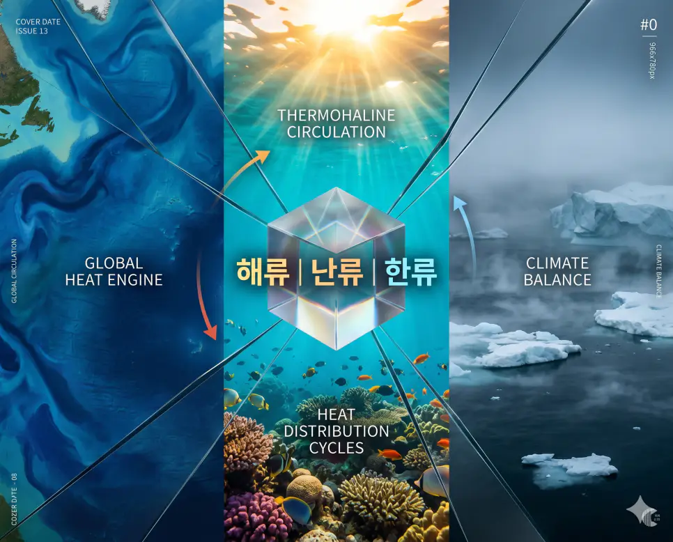 지구 기후의 핵심인 해류, 난류, 한류의 개념과 특징을 극사실주의 사진으로 분석하는 프리미엄 비주얼 전략 포스터