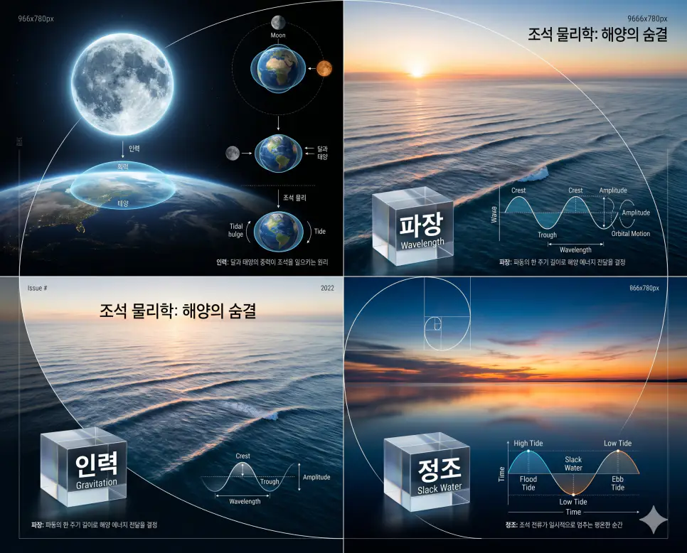 해양 물리학의 핵심인 정조, 파장, 인력의 원리와 현상을 전문 잡지 레이아웃으로 분석한 프리미엄 인포그래픽 전략 포스터
