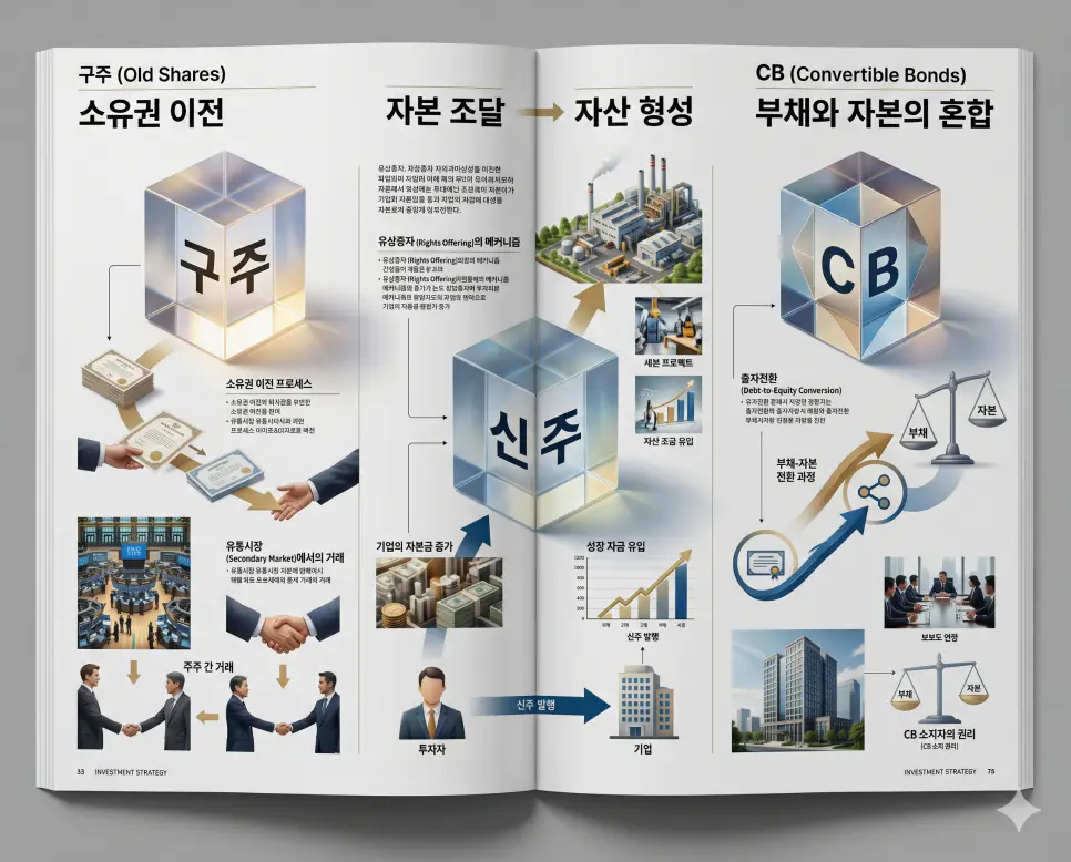 기존 지분인 구주와 신규 조달인 신주 및 전환 권리가 부여된 CB 개념을 분석한 전문 매거진 스타일의 고해상도 인포그래픽 포스터