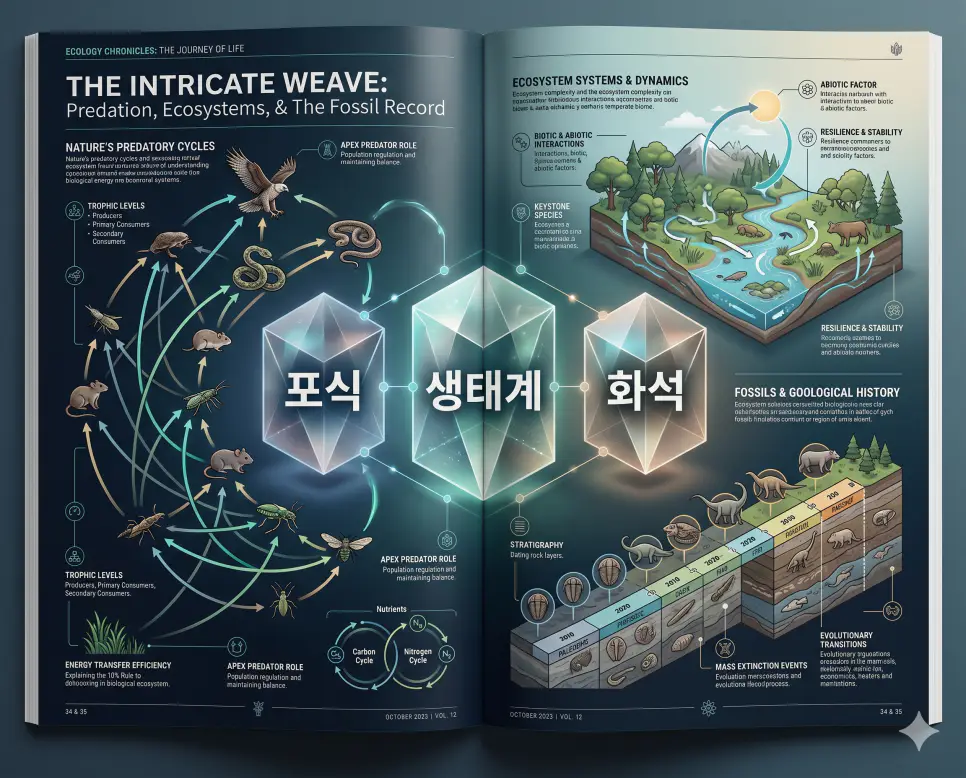 포식 뜻, 생태계 뜻, 화석 뜻: 자연의 질서와 지구의 기록 4 자연의 먹이 사슬인 포식과 생명의 터전인 생태계 및 지구의 기록인 화석을 분석한 전문 매거진 스타일의 인포그래픽 포스터
