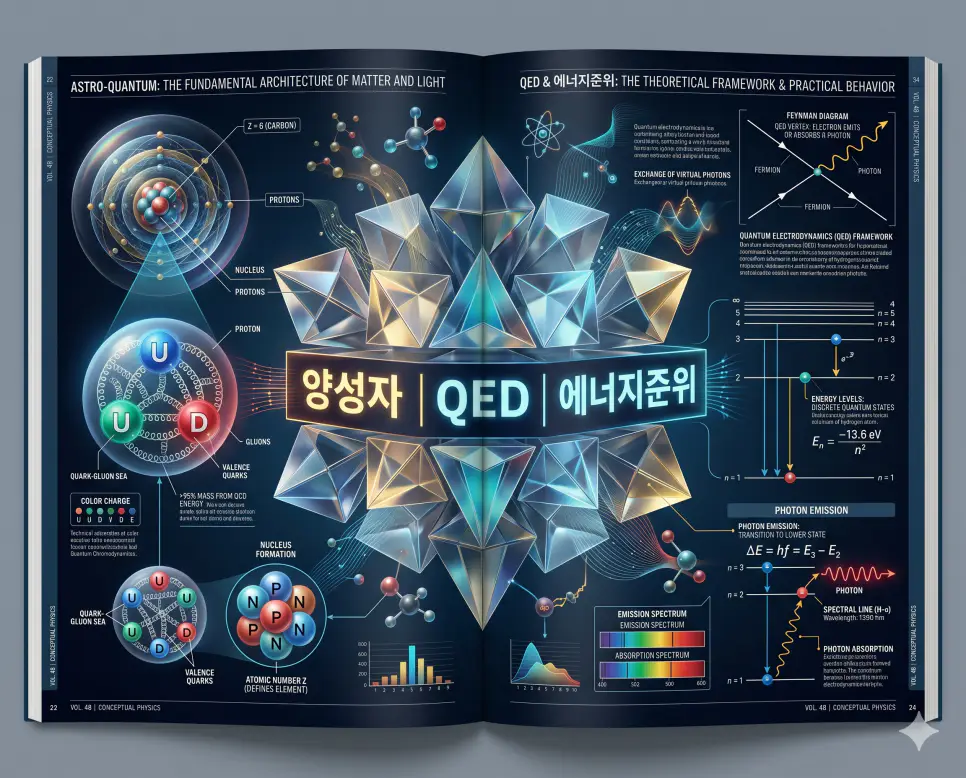 양성자 뜻, QED 뜻, 에너지준위 뜻: 미시 세계의 구조와 양자 상호작용 완벽 가이드 4 미시 세계의 기본인 양성자와 이를 설명하는 QED 이론 및 전자의 행동 원리인 에너지준위를 분석한 전문 인포그래픽 포스터