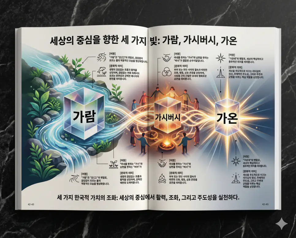가람 뜻, 가시버시 뜻, 가온 뜻: 삶의 철학과 정겨움을 담은 순우리말 정리 4 아름다운 순우리말인 가람, 가시버시, 가온의 철학적 의미와 정서를 한눈에 파악할 수 있도록 제작된 전문 매거진 스타일의 프리미엄 인포그래픽 포스터입니다. 생명력의 흐름부터 부부의 화목함, 주체적인 삶의 지향점까지 정교한 데이터와 함께 3D 크리스탈 질감의 세련된 디자인으로 구성하여 가독성을 극대화한 시각 자료입니다.