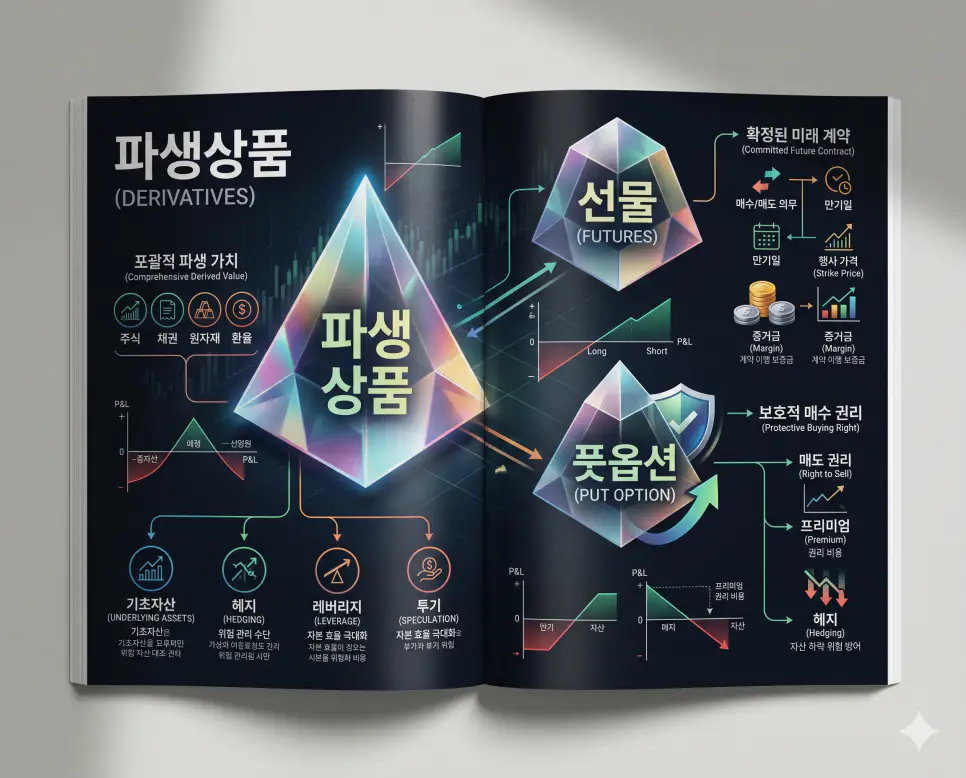 풋옵션 뜻, 선물 뜻, 파생상품 뜻: 레버리지와 위험 관리의 핵심 정리 4 하락 방어의 풋옵션과 미래 약정의 선물 및 종합 금융 계약인 파생상품 개념을 분석한 전문 매거진 스타일의 인포그래픽 포스터
