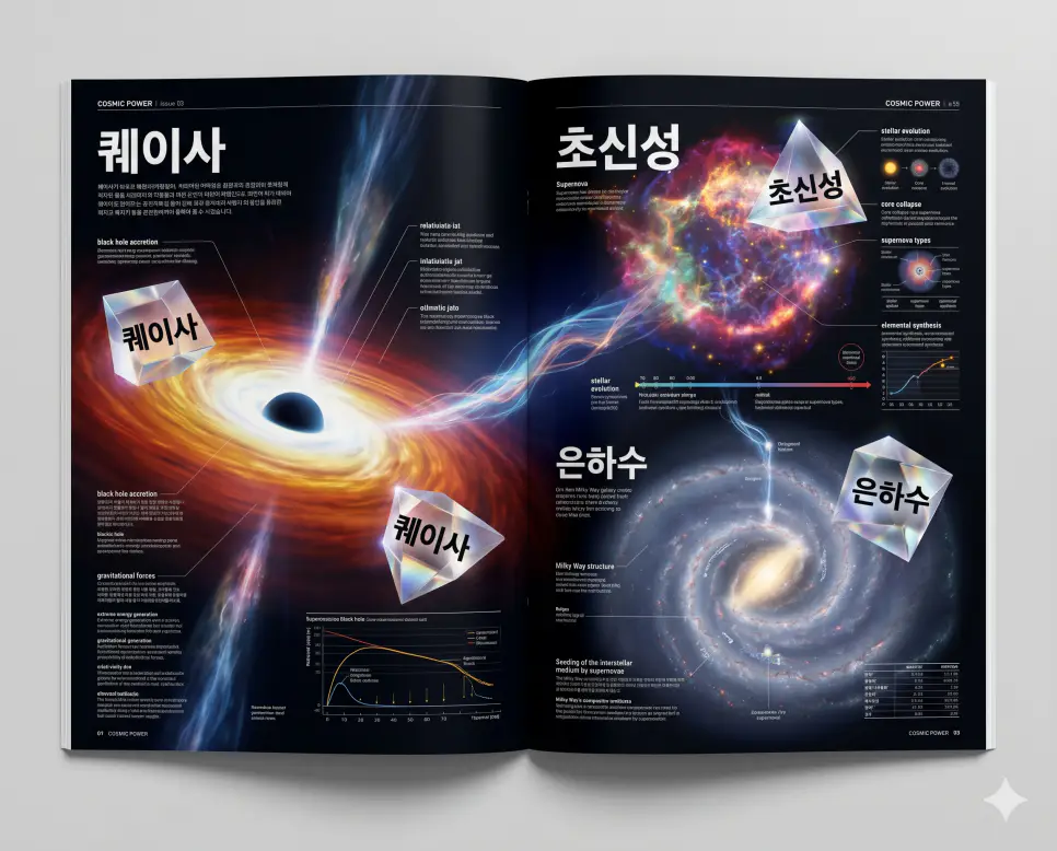 퀘이사 뜻, 초신성 뜻, 은하수 뜻: 우주 최대의 에너지와 별의 탄생 원리 분석 4 우주 최강의 에너지원인 퀘이사, 별의 폭발인 초신성, 그리고 은하수의 구조를 매거진 스타일로 분석한 인포그래픽 포스터
