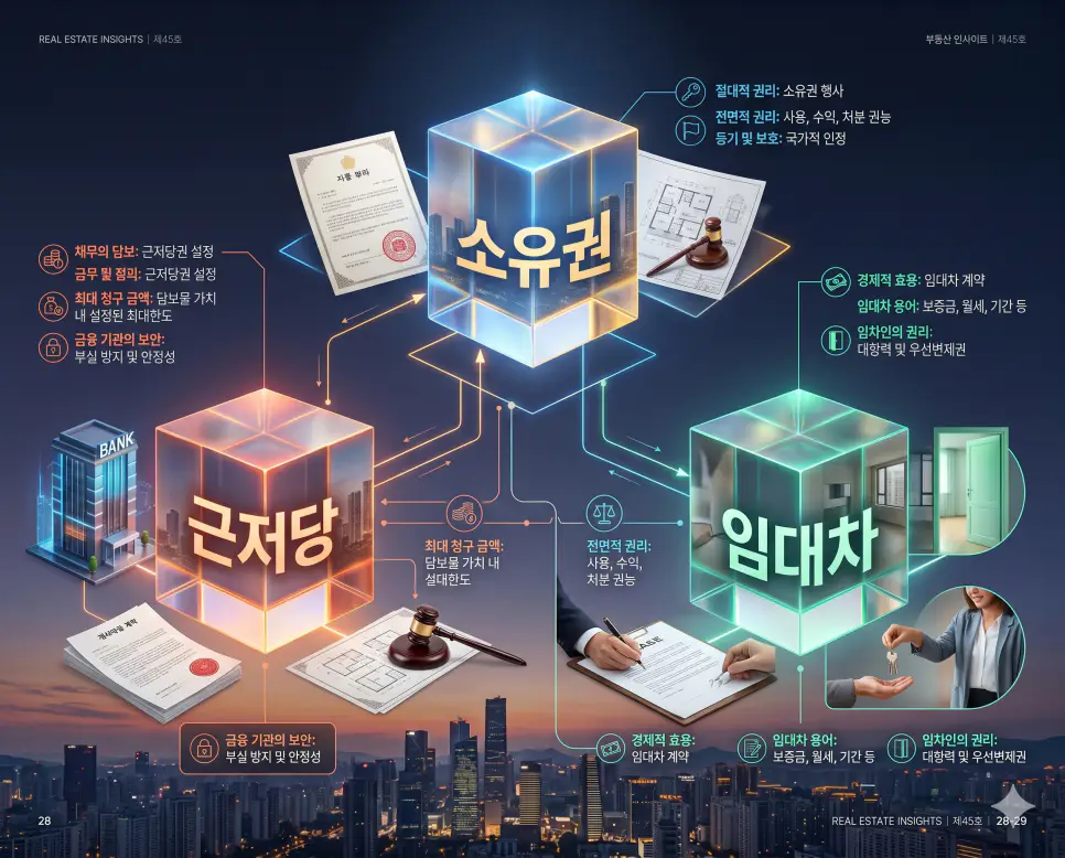 근저당 뜻, 소유권 뜻, 임대차 뜻: 부동산 계약 전 필수 법률 상식 4 부동산 금융의 근저당과 재산권의 소유권 및 거주 안정의 임대차 개념을 분석한 전문 매거진 스타일의 고해상도 인포그래픽 포스터