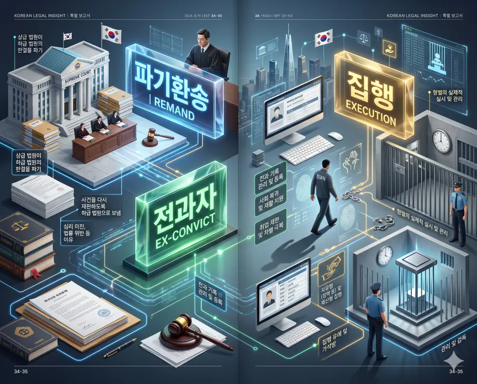 재심판의 절차인 파기환송과 법적 기록인 전과자 및 권리 실현의 단계인 집행을 분석한 전문 매거진 스타일의 고해상도 인포그래픽 포스터