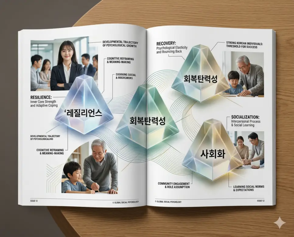 레질리언스 뜻, 회복탄력성 뜻, 사회화 뜻: 마음의 근력과 성장의 과정 4 시련을 이겨내는 레질리언스와 일상 회복의 힘인 회복탄력성 및 사회적 존재로 성장하는 사회화를 분석한 전문 매거진 스타일의 인포그래픽 포스터