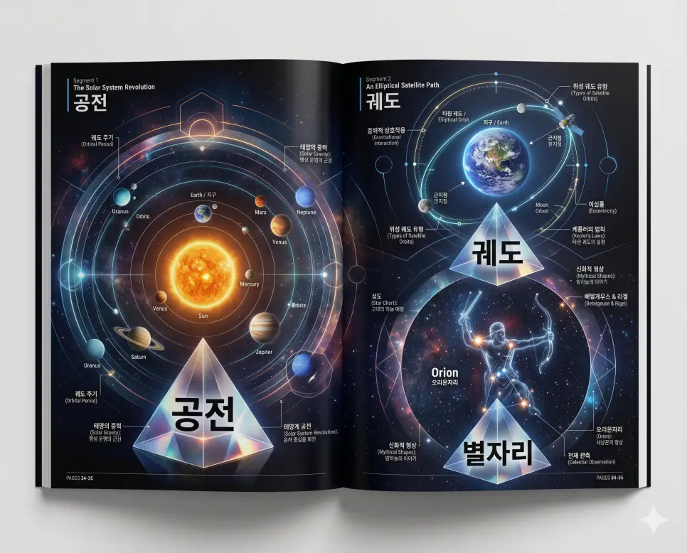 공전 뜻, 궤도 뜻, 별자리 뜻: 천체의 역학적 운동과 밤하늘의 이정표 분석 4 천체 운동의 핵심인 공전과 궤도의 역학, 그리고 인류의 이정표인 별자리를 전문 잡지 스타일로 분석한 프리미엄 인포그래픽 전략 포스터