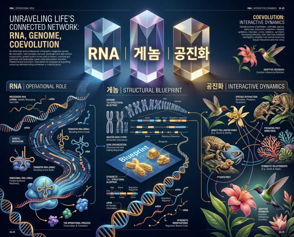 RNA 뜻, 게놈 뜻, 공진화 뜻: 생명 활동의 실무와 유전체 총합 4 공진화 뜻을 설명하기 위해 서로 밀접한 관계를 맺고 있는 생물 종들이 상대방의 진화에 영향을 주며 최적화되어 변화하는 생태적 현상을 표현한 시각 자료